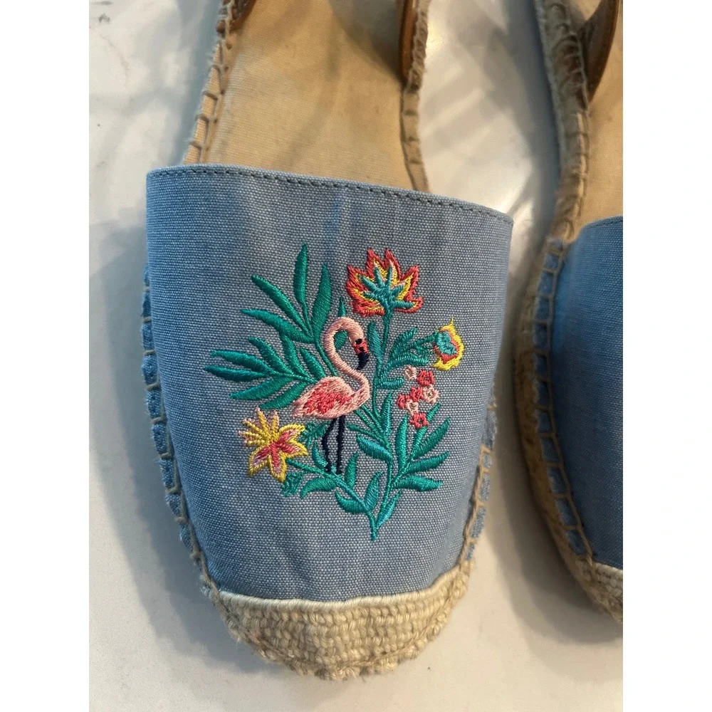 Talbots Espadrille Sandals Blue Flamingo Embroidered Ankle Strap Summer Flats 8M